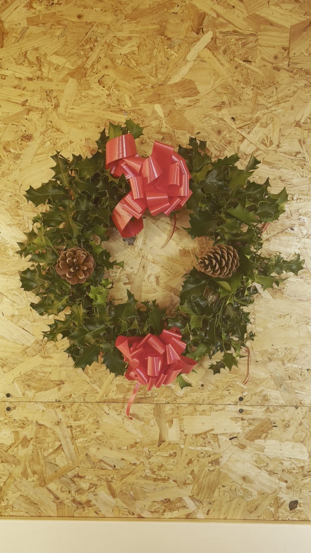 30cm Holly wreath decorated with pine cones and ribbons, available for delivery with your Christmas tree order from The Real Christmas Tree People.
